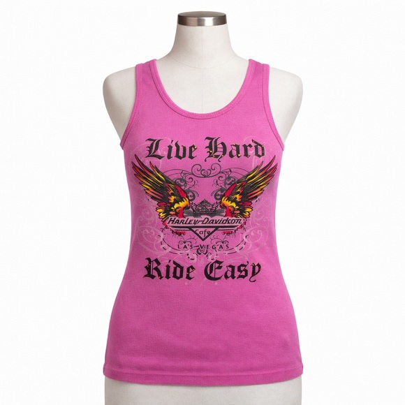 Harley-Davidson Tops - Y2K Harley-Davidson pink mcbling alternative  “Live Hard Ride Easy” ribbed tank